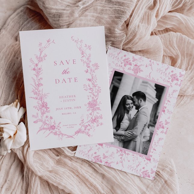 Victorian Pink Floral Dusty Blue Wedding Save The Date (Creator Uploaded)