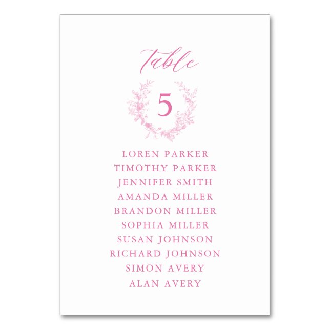 Victorian Pink Floral Wedding Seating Chart Table Number (Front)