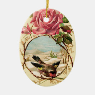 Victorian Pink Rose and Bird Oval Ornament
