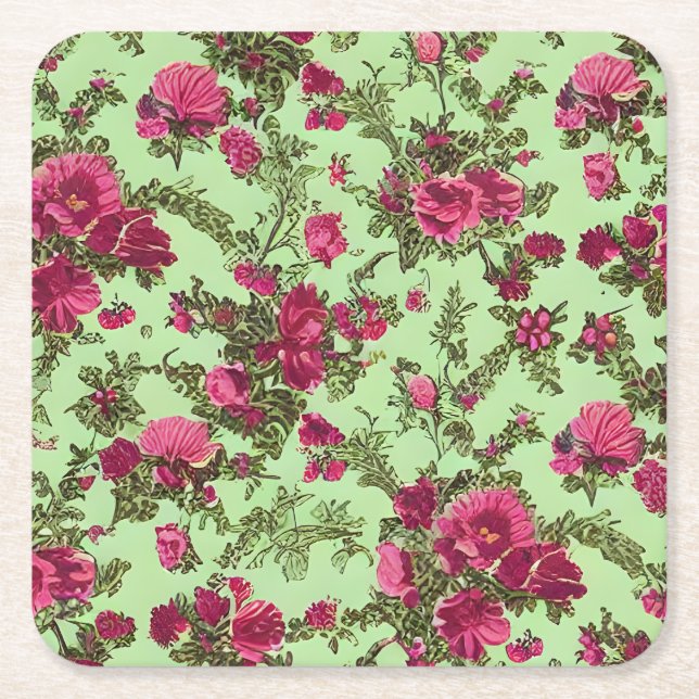 Victorian Pink Roses Square Paper Coaster (Front)