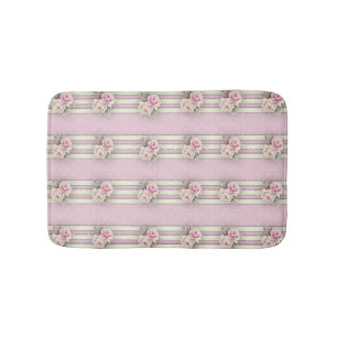 Victorian Pink Roses White Ecru Dots & Borders Bath Mat