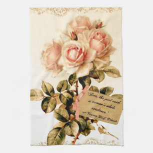 Victorian Pink Roses with Motivational Quote Tea Towel