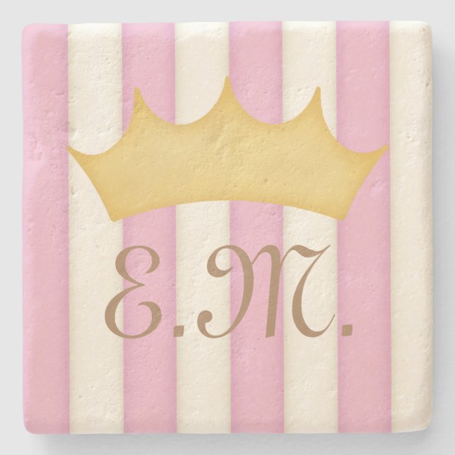 Victorian Pink Stripes Crowned Monogram Princess Stone Coaster (Front)