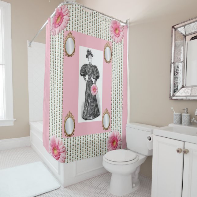 Victorian pink white floral showercurtain shower curtain (In Situ)