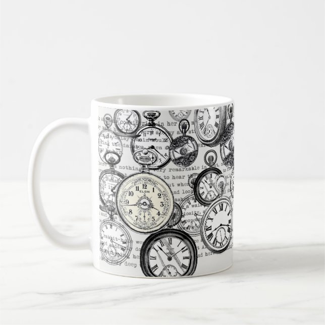 Victorian Pocket Watch Collage Alice in Wonderland Coffee Mug (Left)