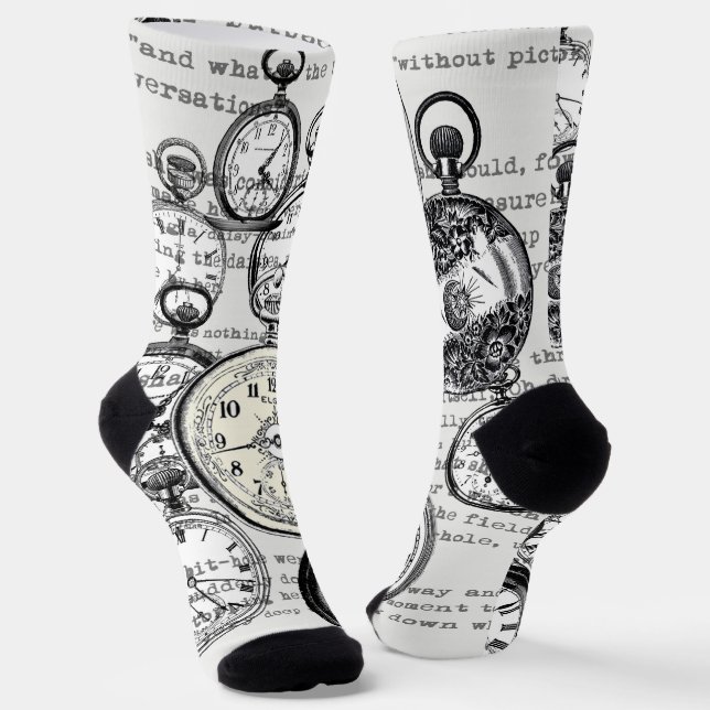 Victorian Pocket Watch Collage Alice in Wonderland Socks (Angled)