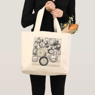 Victorian Pocket Watch Collage Alice Wonderland Large Tote Bag