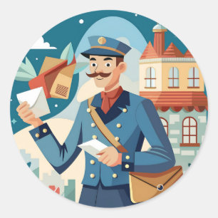 victorian-postman-delivering-holiday-postcards classic round sticker