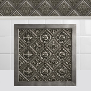 Victorian Pressed Tin Rosette Silver Metal Grid Ceramic Tile