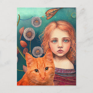 VICTORIAN PRETTY LITTLE GIRL & GINGER CAT POSTCARD