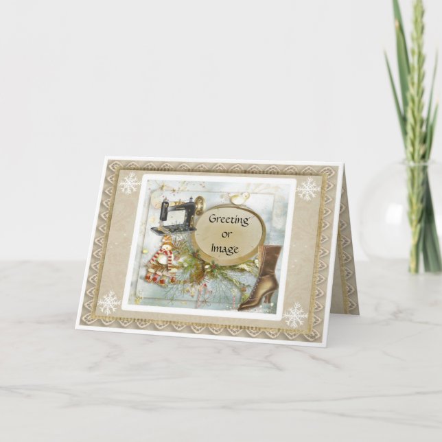 Victorian Prim Seamstress Holiday Christmas Card (Front)