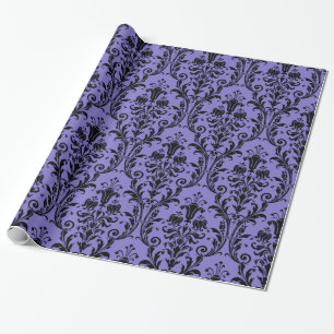 Victorian Purple & Black Floral Swirl Damask Wrapping Paper