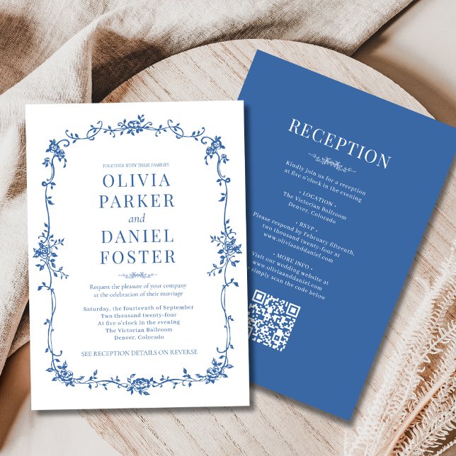 Victorian QR Code All in One Royal Blue Wedding  Invitation (Creator Uploaded)