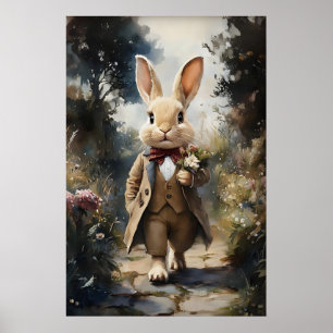 Victorian Rabbit In Jacket A Bouquet Print, Easter Poster