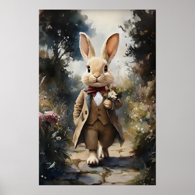 Victorian Rabbit In Jacket A Bouquet Print, Easter Poster (Front)