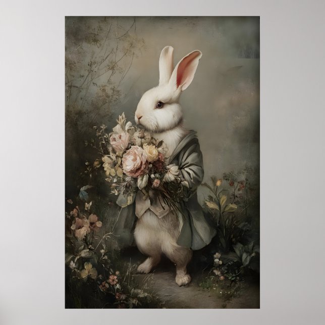 Victorian Rabbit Jacket Bouquet Print, Easter Poster (Front)