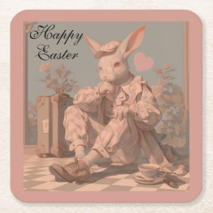 Victorian Rabbit Waits, Rabbit Boy, Spring Square Paper Coaster