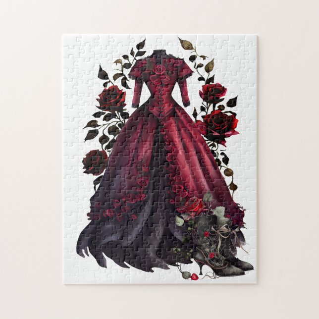 Victorian Red Dress and Heels | Antique Roses Gown Jigsaw Puzzle (Vertical)