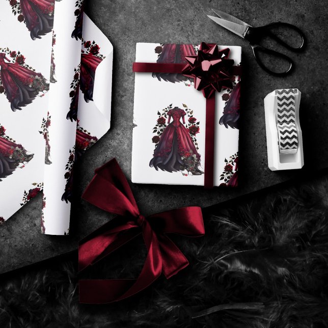 Victorian Red Dress and Heels | Antique Roses Gown Wrapping Paper (Creator Uploaded)