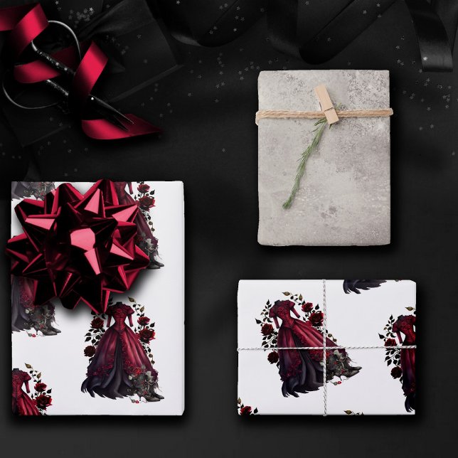 Victorian Red Dress and Heels | Antique Roses Gown Wrapping Paper Sheet (Creator Uploaded)