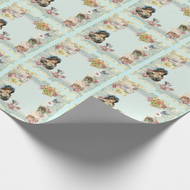 Victorian Red Rose French Script Writing Romantic Wrapping Paper (Corner)