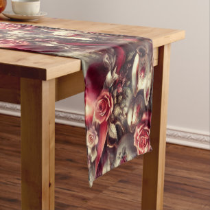 Victorian Red Rose Teapot Pattern  Short Table Runner