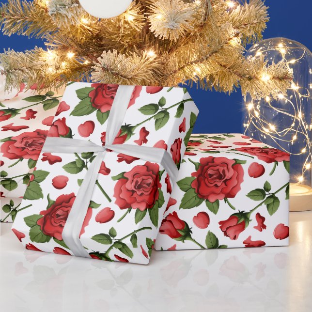 Victorian Red Roses Foliage Botanical Pattern Wrapping Paper (Holidays)