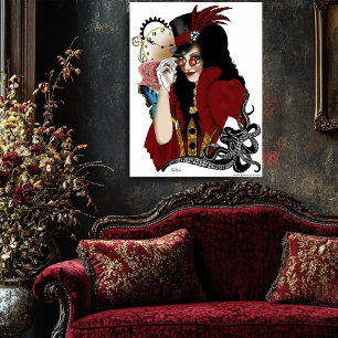 Victorian Red Steampunk Black Octopus Poster