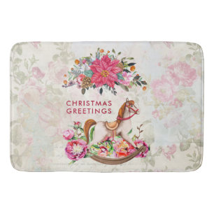 Victorian Rocking Horse & Poinsettia Christmas Bath Mat
