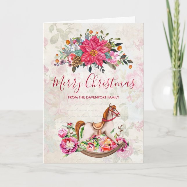 Victorian Rocking Horse & Poinsettia Christmas Card (Front)