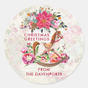 Victorian Rocking Horse & Poinsettia Christmas Classic Round Sticker