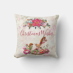 Victorian Rocking Horse & Poinsettia Christmas Cushion