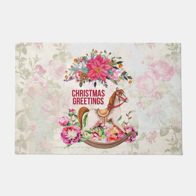 Victorian Rocking Horse & Poinsettia Christmas Doormat (Front)