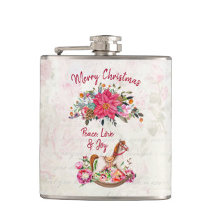 Victorian Rocking Horse & Poinsettia Christmas Hip Flask