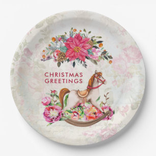 Victorian Rocking Horse & Poinsettia Christmas Paper Plate