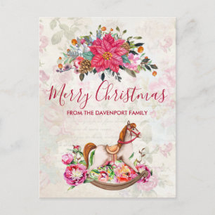Victorian Rocking Horse & Poinsettia Christmas Postcard