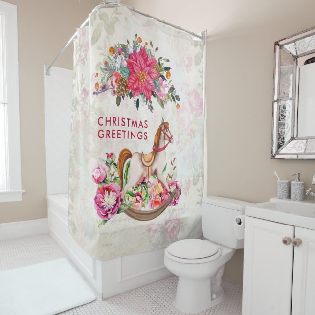 Victorian Rocking Horse & Poinsettia Christmas Shower Curtain (In Situ)