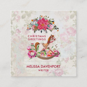 Victorian Rocking Horse & Poinsettia Christmas Square Business Card