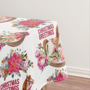 Victorian Rocking Horse & Poinsettia Christmas Tablecloth