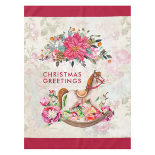 Victorian Rocking Horse & Poinsettia Christmas Tablecloth