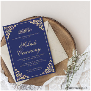 Victorian Rococo Frame Royal Blue Mehndi Ceremony Invitation
