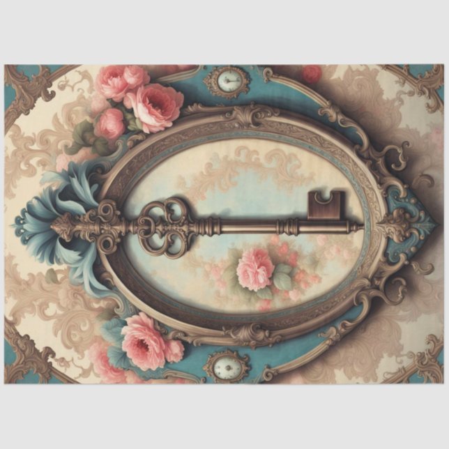 Victorian Rococo Key Decoupage Paper – Pink Rose (Front)