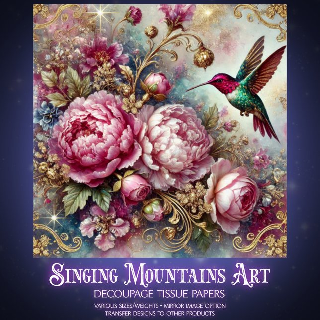Victorian Romance Pink Rose Hummingbird Decoupage  Tissue Paper (Creator Uploaded)