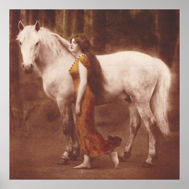 Victorian Romantic Girl with White Stallion Horse Poster (Front)