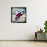 Victorian Rose Ephemera Faux Canvas Print<br><div class="desc">Lovely,  vintage,  red rose florals on newspaper print,  featuring a faux pearl brooch and necklace,  birdcage with teal bow to create a luxury,  extravagant,  shabby chic style for home decor,  bath,  or bedroom.</div>