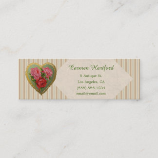 Victorian Rose Heart and Striped Linen Mini Business Card