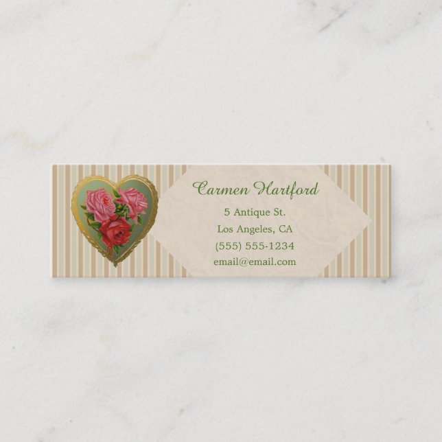 Victorian Rose Heart and Striped Linen Mini Business Card (Front)