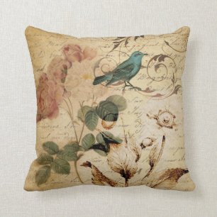 Victorian Rose Paris Scripts french bird botanical Cushion