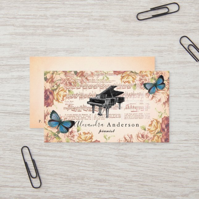 Victorian Rose Pianist Music Teacher Business Card (Front/Back In Situ)