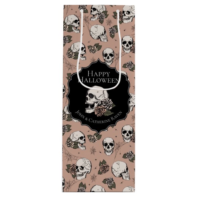 Victorian Rose Pink Floral Skulls Halloween Wine Gift Bag (Front)